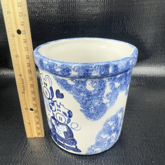 Farmhouse Pig Kitchen Utensil Vase Container Hand Made Signed Blue Gray Pottery - Picture 4 of 12